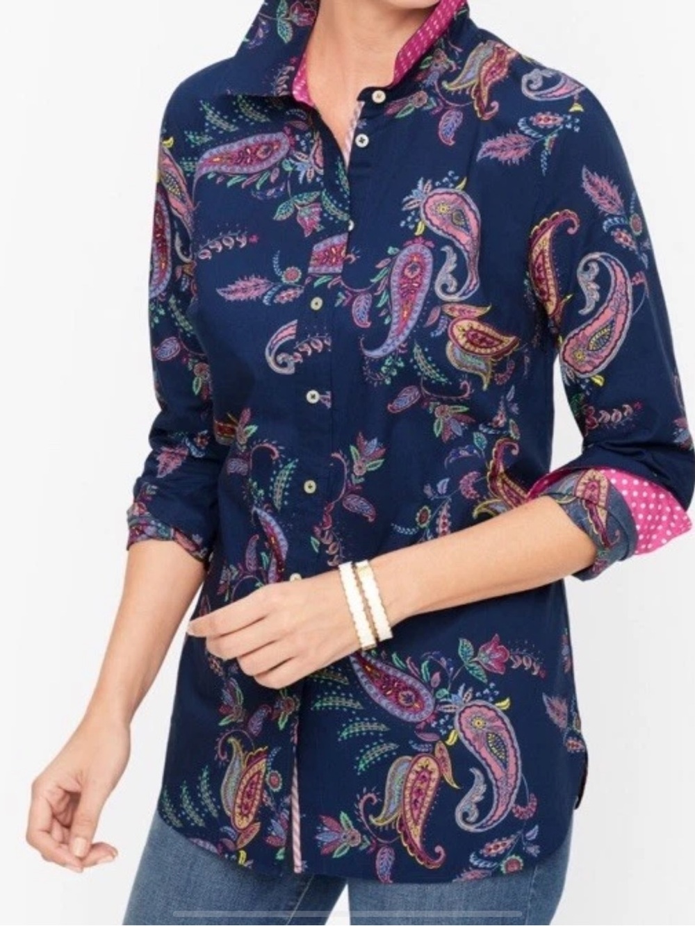Talbots Petite MP Blouse Paisley Print Long Sleeve Button Front Cotton Navy New